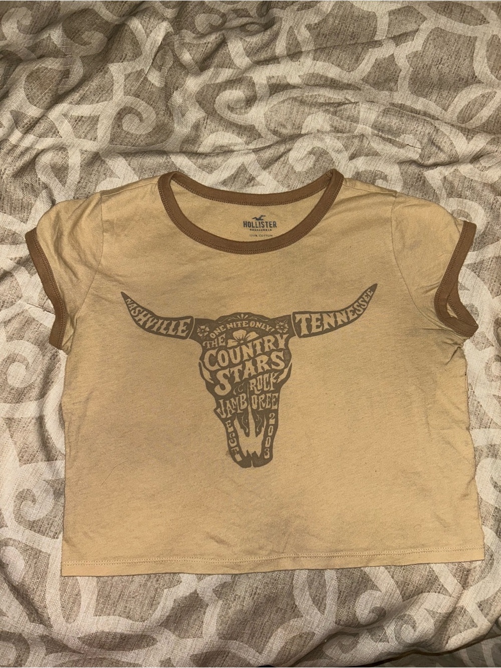 Hollister Tan Ringer Tee with Brown Graphic